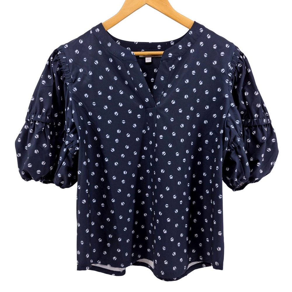 Chicos Navy Blue Polka Dot Blouse Ruched Puff Sleeve Top Womens Size 2/12 Preppy